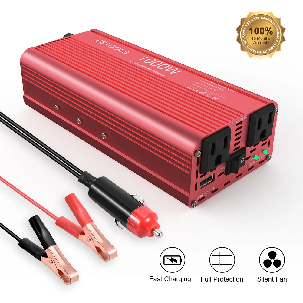 Автомобильный инвертор EBTOOLS 1000 W/2000 W инвертор 12 V-110 V автомобильный преобразователь с 2 AC Out Встроенный сменный 40A мини-предохранитель скольжения