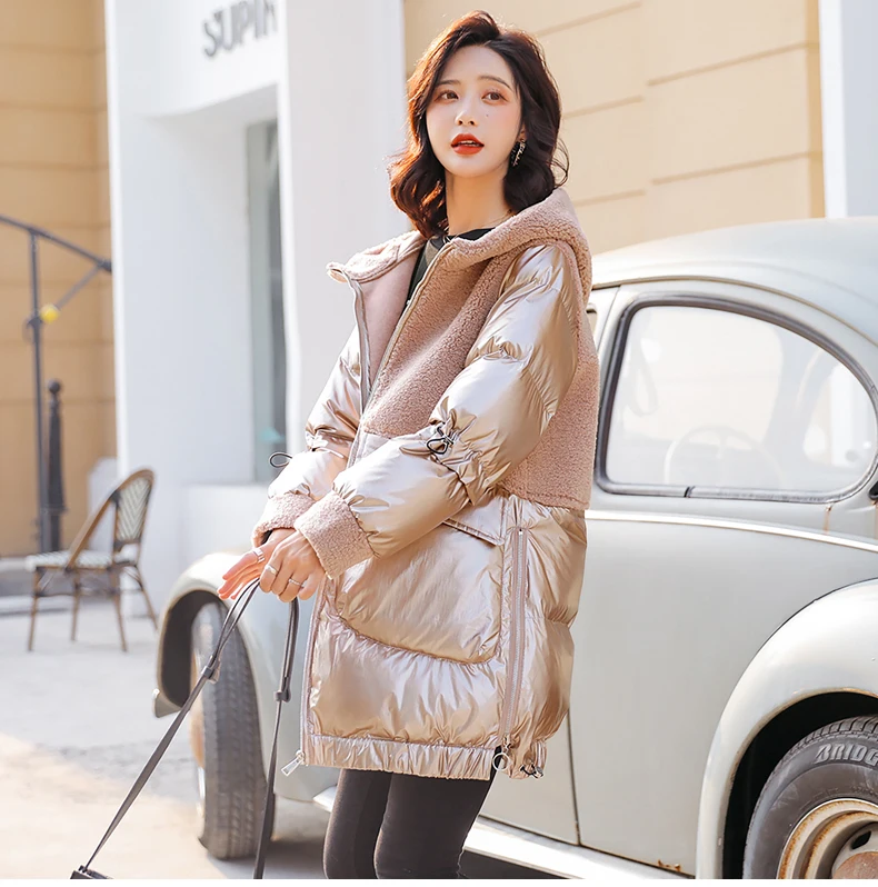 Imported Australian Wool Fur Jackets Women Bright face down cotton Outwear Female Elegant Patchwork Parkas Ladies Winter Coat