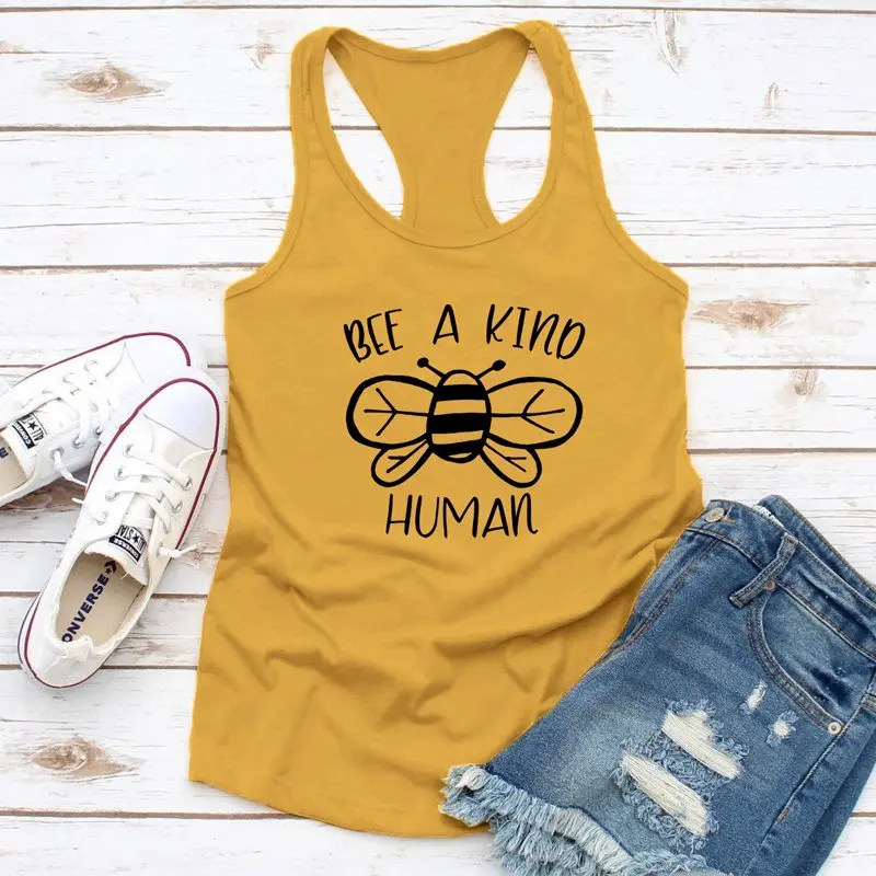 Жилет Bee A kind Human kind ness, модные безрукавки, женские забавные майки с рисунком, летние вдохновляющие рубашки без рукавов - Цвет: yellow-black text