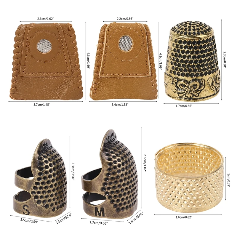 

6pcs/set Leather Finger Thimbles Metal Shield Protector Pin Needles Ring Sewing E8BD