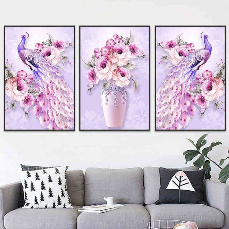 Розовый павлины цветок 5D алмазная вышивка крестиком квадратная круглыми