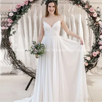 

Spaghetti Straps Chiffon Wedding Dress Lace Top Sweep Train 2020 New Beach Bridal Dress Simple Vestido Casamento Praia Cheap