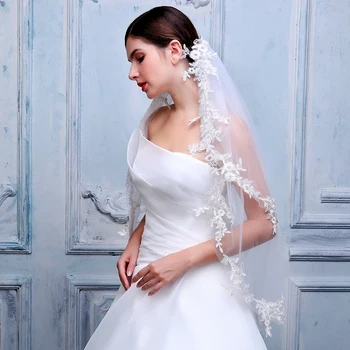 

2019 new elegant woman two layers bridal veil soft Tulle with lace edge veils velo de novia Wedding dress accessories with comb
