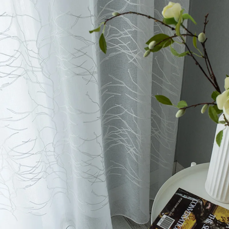 

ENHAO White Tulle Curtains For Living room Kitchen Tree with Embroidered Voile Sheer Window Screen Curtain for bedroom Drapes