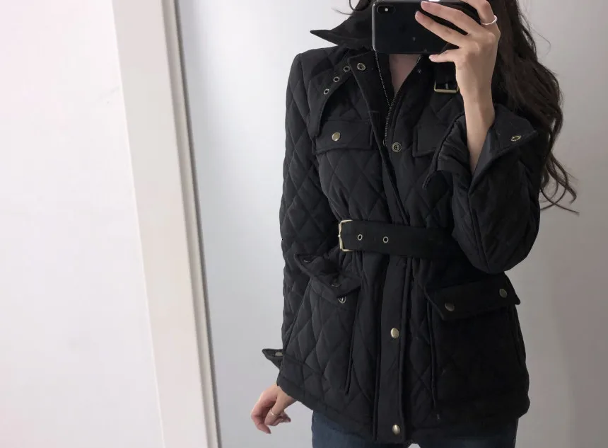 SHENGPALAE Chic High Quality Grid Self-cultivation System Belt Design Jacket Cotton Short Fund Korean Loose Coat Woman FV427