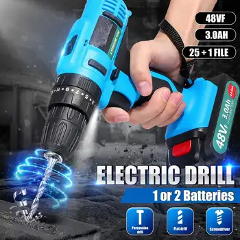 

48VF Cordless Drill Hammer Impact Electric Screwdriver Mini Hand Drill High Torque Rechargeable Li-ion Battery for Wood Metal