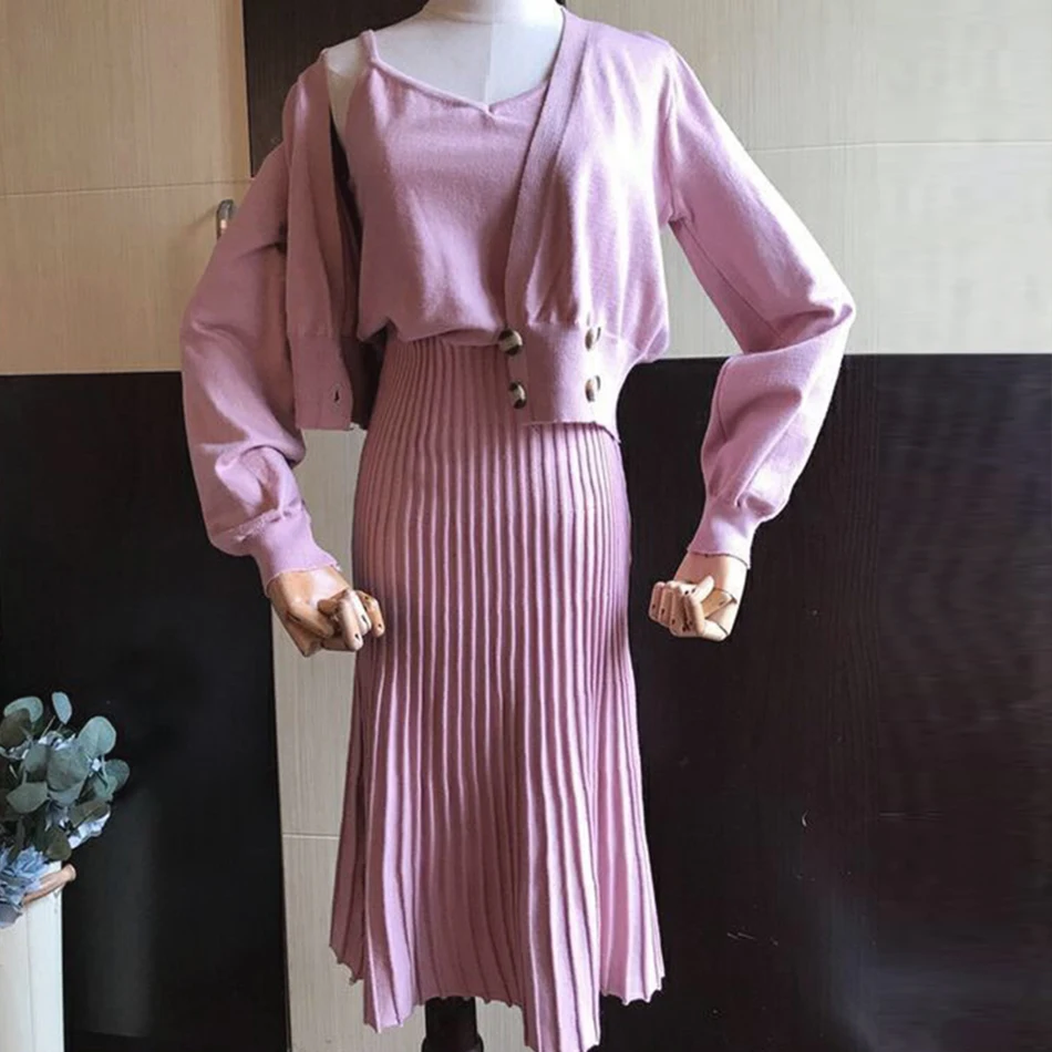 Genayoa, винтажный комплект из двух предметов, длинный рукав, трикотаж, Женский комплект из 2 предметов, v-образный вырез, юбка, набор, элегантные женские костюмы