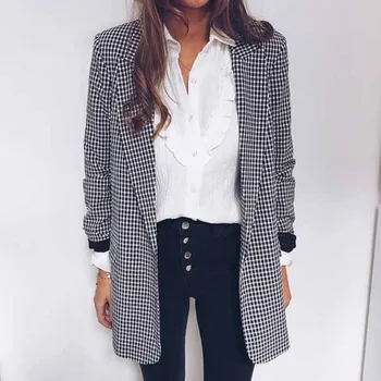 

Fashion Women Jacket Coat Turn Down Collar Long Sleeve Black White Plaid Cardigan Suit Clothing Tops Elegant Coat #112