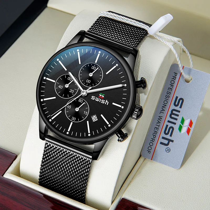 SWISH 2020 Top Brand Men's Quartz Wristwatch Stainless Steel Watch for Men Luxury Casual Waterproof Watches with Luminous