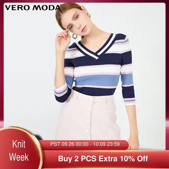 

Vero Moda Women's Color Matching Stripe Cut Out V-Neck 3/4 Sleeve Slim Knit Top Sweater | 319324546