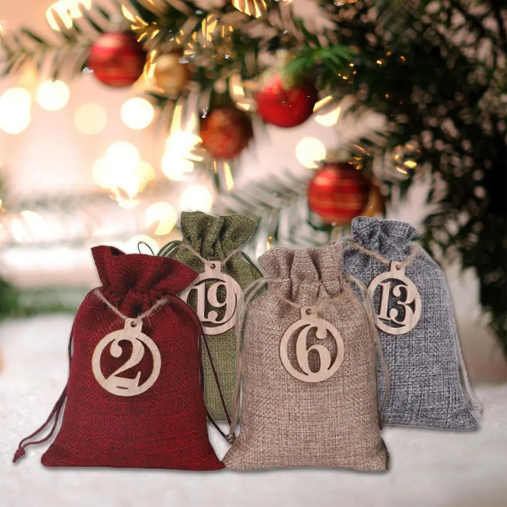 24pcs DIY Numbers Bag Christmas Advent Calendar Ornament Christmas Gift Bags Calendar Countdown Bag Candy Storage Pouches