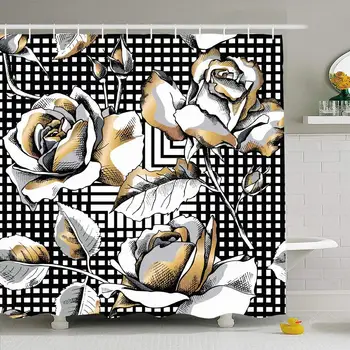 

Shower Curtain Set with Hooks 72x72 Pattern Beautiful Line Black Modern Rose Flowers with Nature Ornate Textures Petal Outline