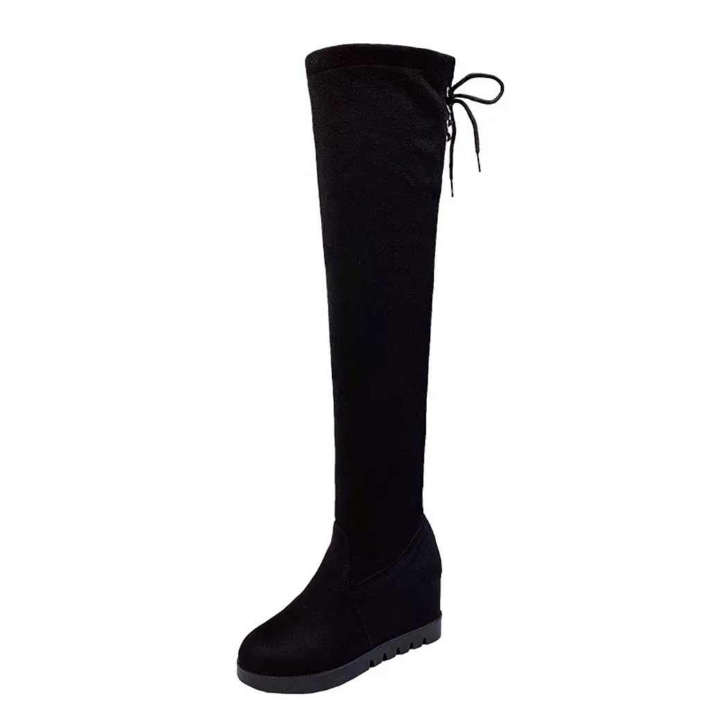 Женская обувь; черные однотонные ботинки; женские высокие ботинки с бантом и шнуровкой; botas mujer invierno; коллекция года; зимняя обувь без застежки на плоской подошве; женская обувь на танкетке; botas mujer - Цвет: Черный