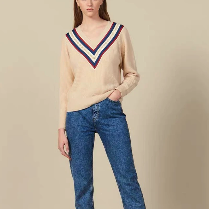 

Tunjuefs Loose Color Block Pullovers Striped V-Neck Sweater Women Jumper Lurex Jacquard Streetwear Long Sleeve Knitted Top