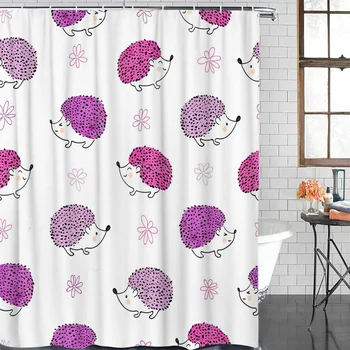 

Hedgehog Animal Geometric Pink Flowers Modern Home Decor Bathroom Waterproof Shower Curtain
