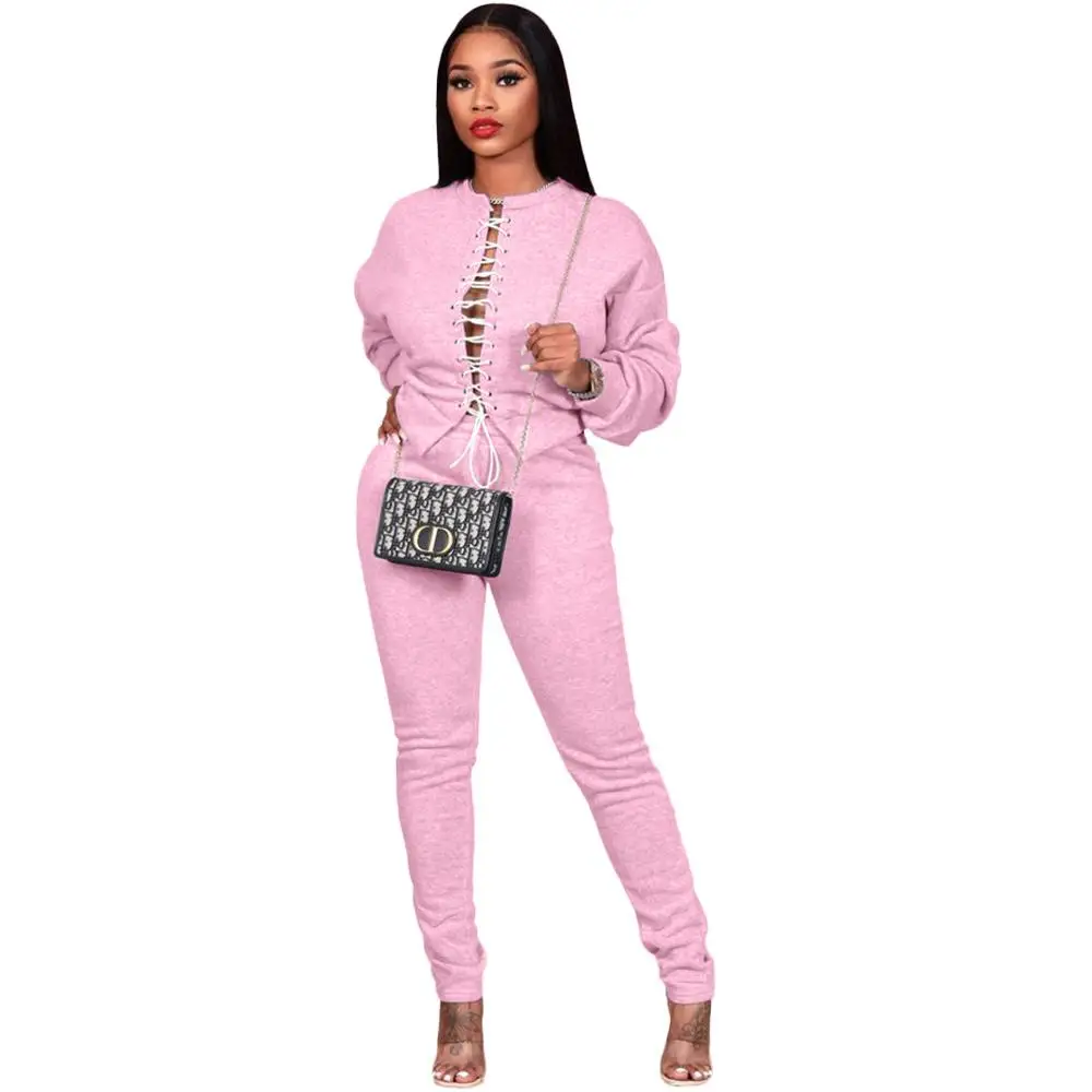 

Casual Winter Two Piece Set Front Bandage Sweater + Long Pants Tracksuit Sportsuit Streetwear Clothes For Women Outfit