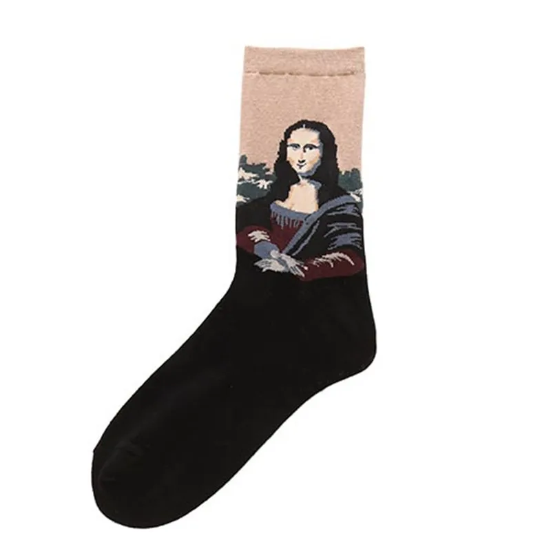 CUHAKCI, хлопковые носки, забавные, масляные, с рисунком, модные, счастливые носки, ночные, зимние, мужские, женские, с красочным принтом, Ван Гог, художественные носки, одна пара - Цвет: W029 Khaki Mona Lisa
