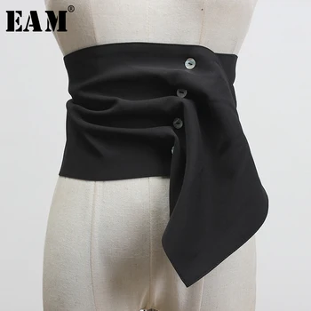 

[EAM] Black Shell Button Pleated Irregular Split Long Wide Belt Personality Women New Fashion Tide All-match Spring 2020 1Y005