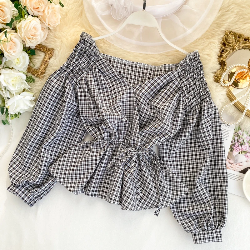 Chic Plaid V Neck Blouses Fashion Korean Off Shoulder Bandage Blouse Shirt Feminine Elegant Puff Sleeve Ruffle Top Women