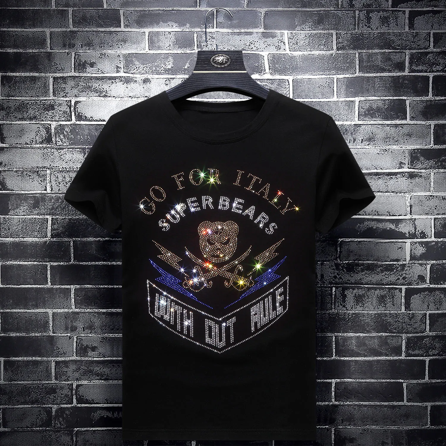 

2019 Bear Bright Diamonds T Shirts Men Fashion Street Wear Short Sleeve O Neck Modal Cotton Tshirts Camiseta Fashion Hombre
