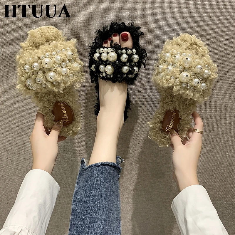 HTUUA/модные меховые тапочки из искусственного овечьей шерсти с жемчугом; женские домашние тапочки; сезон осень-зима; женская обувь на плоской подошве; SX3148