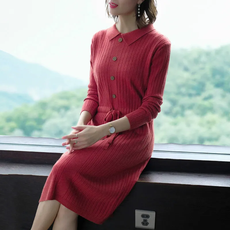 Autumn and Winter New Waist Slimming Knit Sweater Dress Women Fashion Button Clothes Pullover Apricot Navy Blue Black | Женская одежда