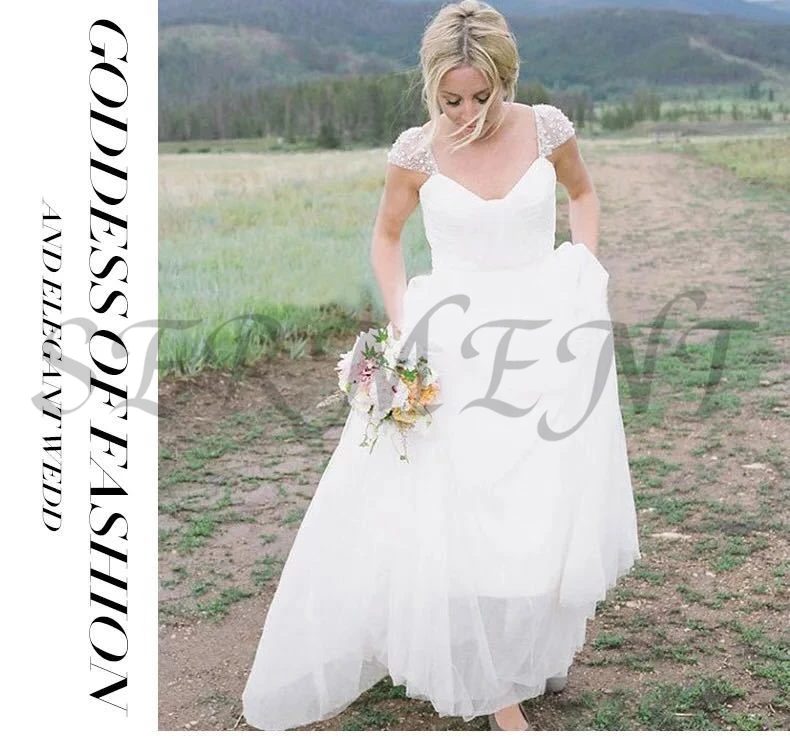 

Beach Wedding Dress Rhinestone and Beadings Off The Shoulder A-Line Design Back Lace Up Ankle-Length Free Custom Made Plus Size