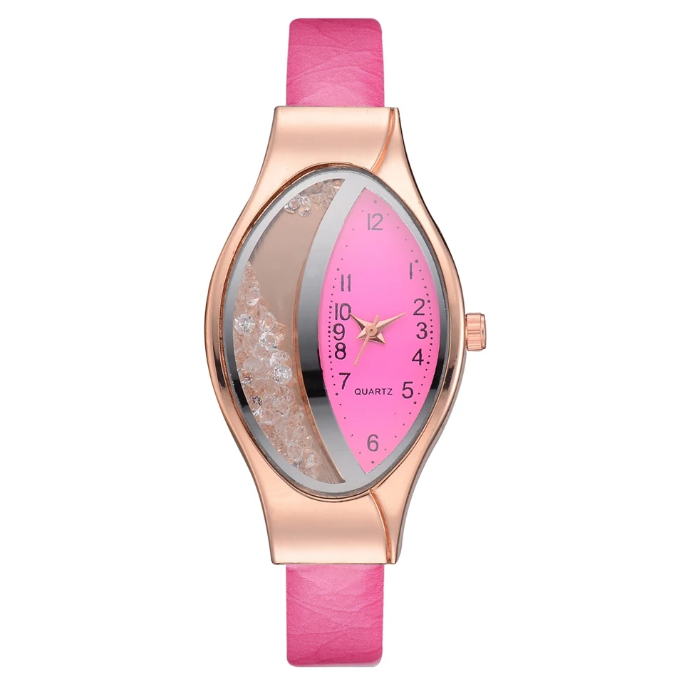 Women Fashion Luxury Watch Leather Strap Women Bracelet Clock Ellipse Rhinestone PU Sport Quartz Watch Wrist Watches For Women - Цвет: rose red