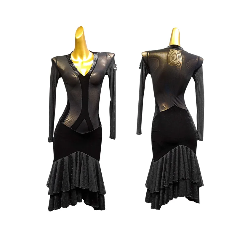 Latin Dance Dress Lady Sexy Black Mesh Seethrough Performance Dresses Rumba Tango Salsa Cha Cha Dancing Women Dancewear DN4343
