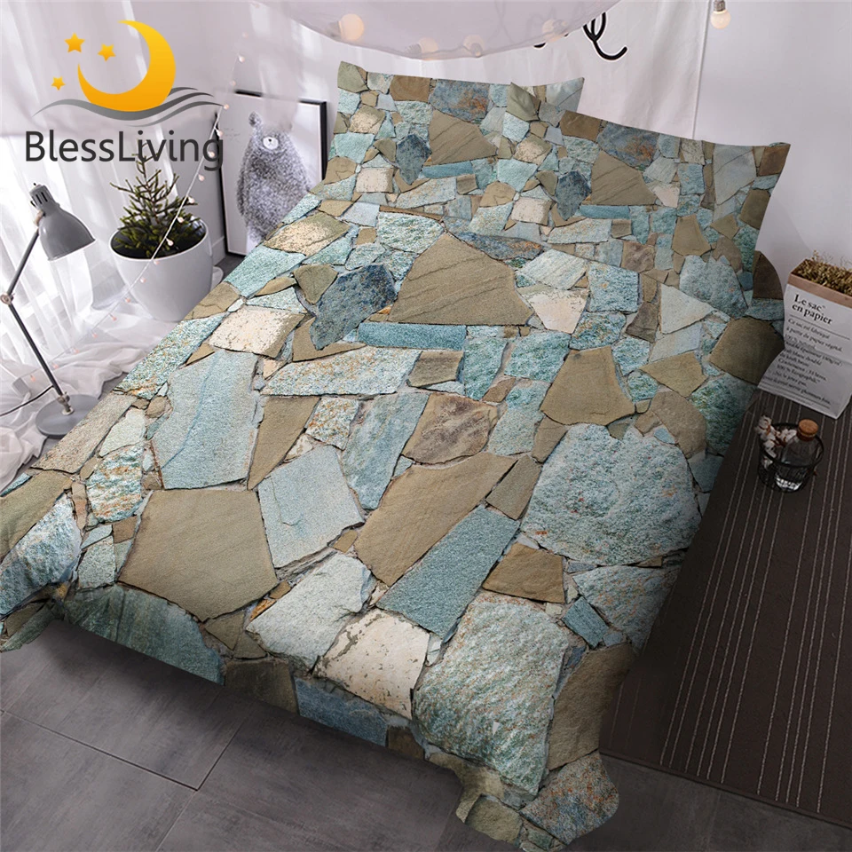 

BlessLiving Modern Stone Bedding Set Masonry Wall Bedspreads Natural Inspired Duvet Cover Sets 3 Piece Vintage Bedding Coverlet