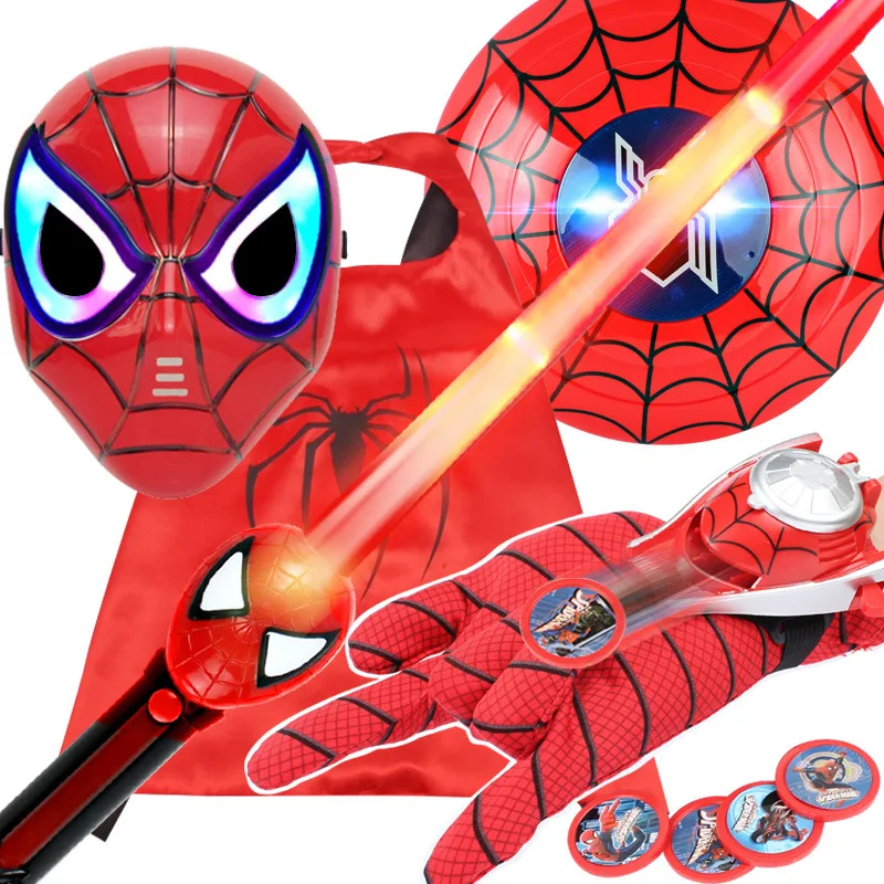 

NEW SET Superhero Party Led Sound Light Spider Man Mask Shield Sword Toys Glove Launcher Pvc Spiderman Action Figure Coplay