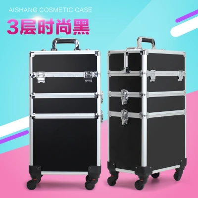 Роскошный многослойный Профессиональный чемодан на колесиках для макияжа, портативный косметический чемодан на колесиках, для дизайна ногтей, тату, косметический чемодан для путешествий - Цвет: Black-A(3 layers)
