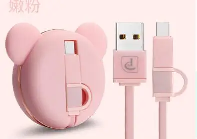 2 в 1 Выдвижной Micro usb кабель для iPhone XS Max Медведь Дизайн USB кабель для OPPO VIVO микро кабель - Цвет: Розовый