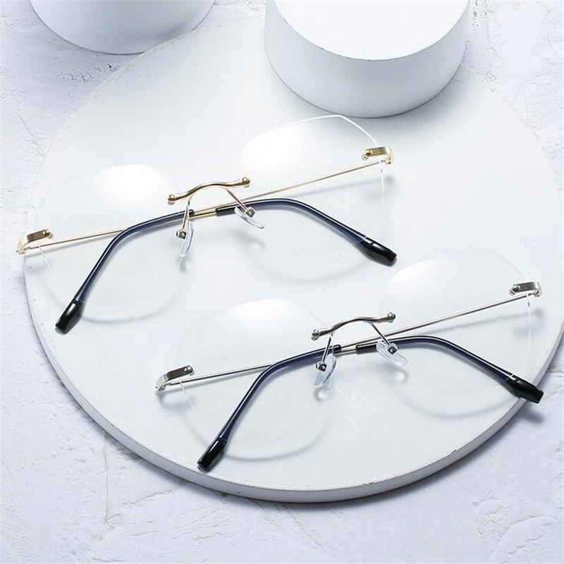 Ultralight Frameless Polygon  Blue Light Blocking Myopia Glasses Finished Women Oversized Diopter Eyeglasses 0 -0.5 -1.0 To -4.0 3