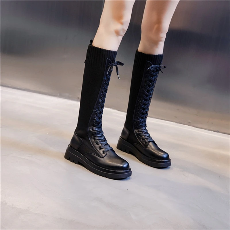 Long boots autumn new 2020 winter British style leather long tube knee socks and boots high elastic thick soled casual women's s