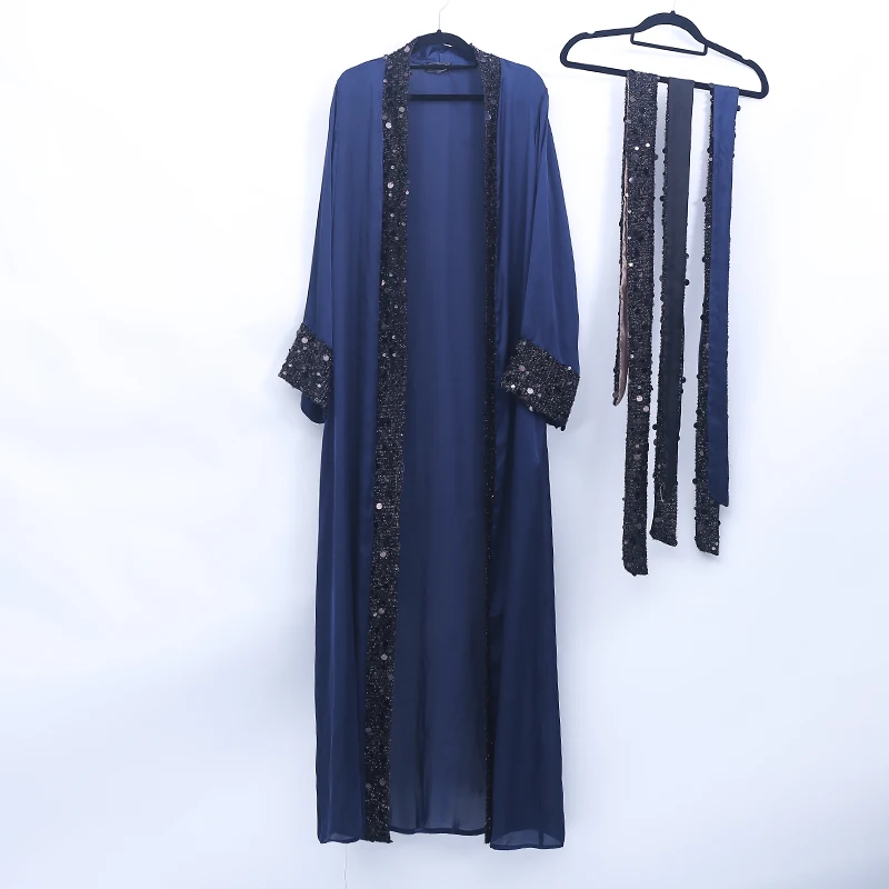 Blue cardigan Кимоно Абая с блестками, кардиган мусульманский хиджаб, платье, Турецкая мусульманская одежда, Абая для женщин, кафтан, Дубай, кафтан, Оман, Djelaba Femme - Цвет: Blue cardigan