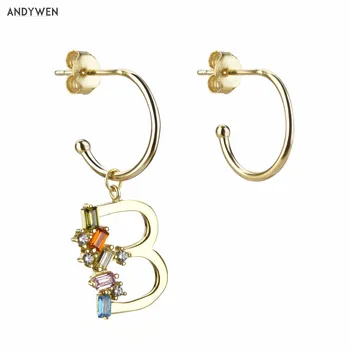 

ANDYWEN 925 Sterling Silver Gold Initial Pendant Drop Earring Alphabet Colorful 2020 Women Crystal Zircon CZ Luxury Jewelry