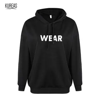 

Kureas Women Oversize Hoodies Autumn Winter Long Sleeve Hooded Sweatshirts Letter Printed Tops Black Color