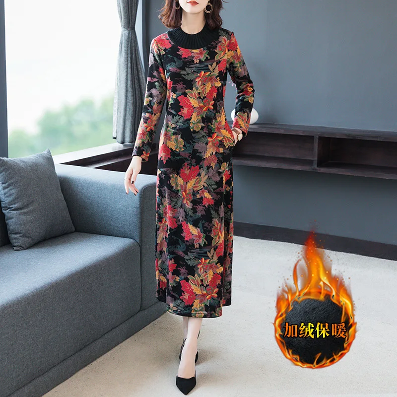 

2019 Autumn And Winter New Style Women's Lady Brushed And Thick Dress Elegant over-the-Knee Long Underwear Base Dress