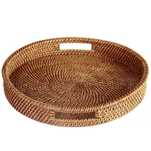 Поднос из ротанга с ручкой-тканый многоцелевой плетеный поднос с прочным волокном из ротанга(круглый диаметр 13,5 дюйма, натуральный