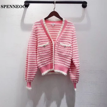 

SPENNEOOY Designer Custom Runway Women Spring V Neck Knitting Cardigans Ladies Striped Knit Pockets Button High Street Sweater
