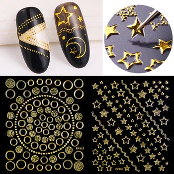 

1 Sheet 3D Nail Sticker Colorful Geometric Moon Star Stripes Wave Line Mixed Patterns Gold 3D Nail Art DIY Design Decoration