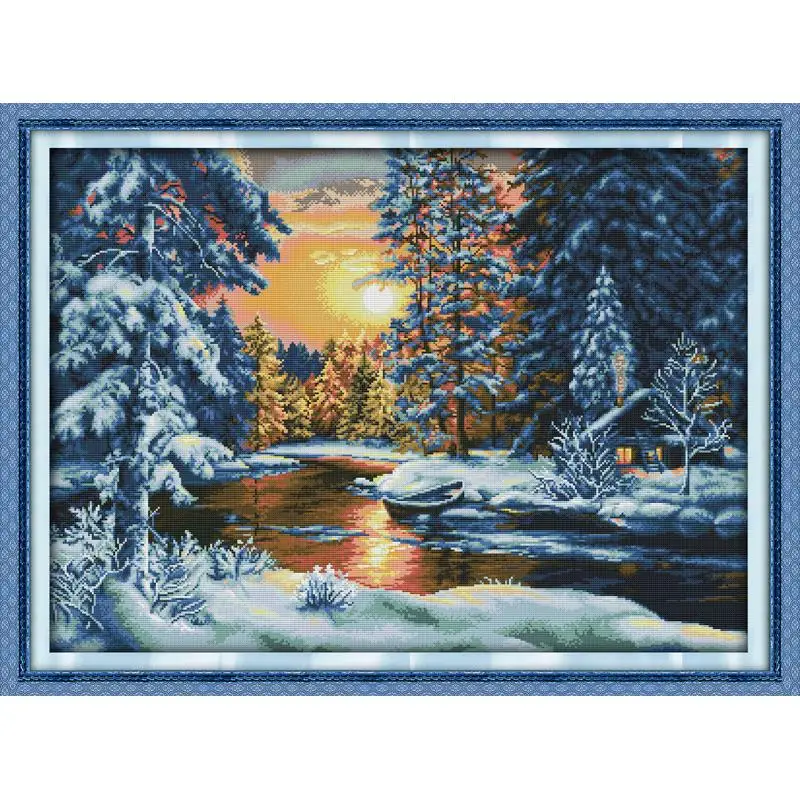 JoySunday Beautiful Snow Cross Stitch Kits Forest Sunset Snow DIY Handmade Fabric Cloth Cross Embroidery Sewing Set Home Deco