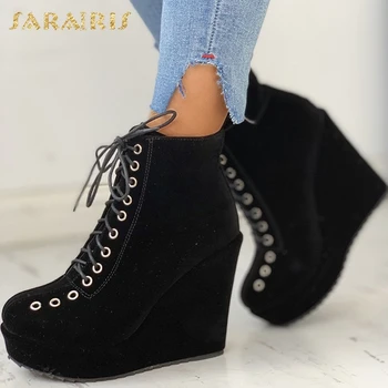 

SARAIRIS 2020 BIG size 43 Dropship wedges high heels ankle boots woman shoes lace up platform autumn boots women shoes female