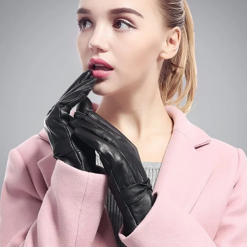 2020 Новое поступление женские короткие перчатки Модные кожаные с бантом черные