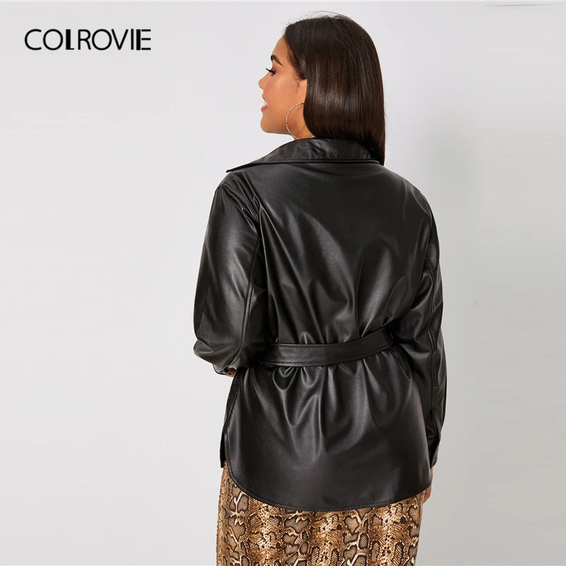 Ideal COLROVIE Plus Button Front Belted PU Leather Jacket Women 2019 Fall Ladies Black Jackets Casual Sin