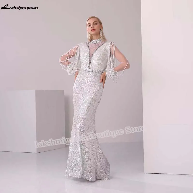 Lakshmigown элегантное серебряное блестящее вечернее платье русалки с длинным рукавом, Длинные вечерние платья для выпускного вечера, вечернее платье, vestido longo