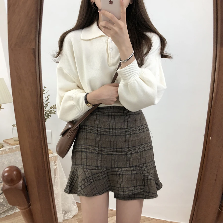 Tile New tartan package hip falbala skirts Women Woolen Mini Skirt Autumn Winter Vintage Skater Skirt High Waist Femininas