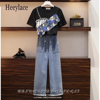 

Plus Size Summer Jeans Two Piece Set Woman Loose Beading Short Sleeve T Shirt and Wide Leg Denim Trousers Pants Suit for Women