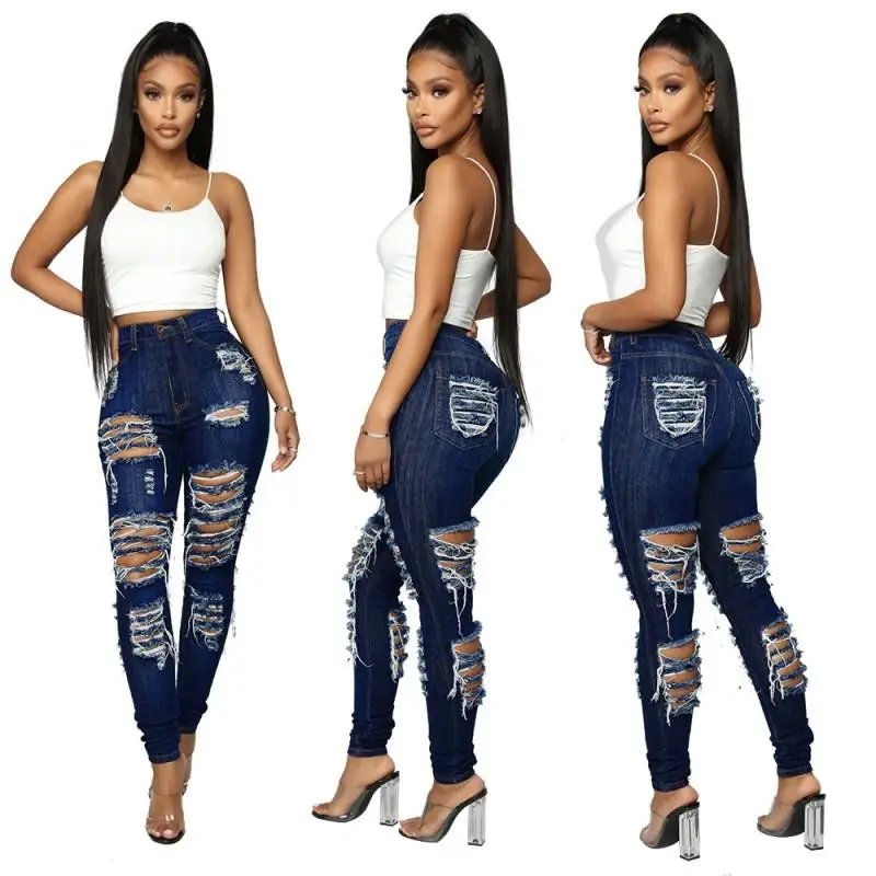 Womens jeans hole pants denim trousers classic blue denim trouser slim pants Straight leg jeans fashion solid casual pants klw4592